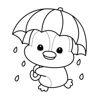 Şirin penguen ikonu. Soğuk hava şartlarında komik penguen. Sevimli penguenlerin boyama sayfaları. Penguen çizgisi bir şemsiye getir