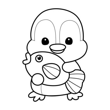 Şirin penguen ikonu. Soğuk hava şartlarında komik penguen. Sevimli penguenlerin boyama sayfaları. Penguen hatları altın bir balık getirir.