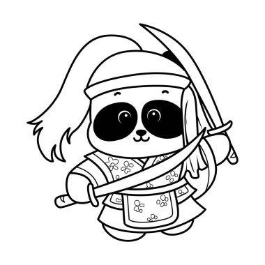 Kıyafet etiketli komik panda. Sevimli panda hayvanlarının boyama sayfaları. Ninja kostümü giyen panda kostümü