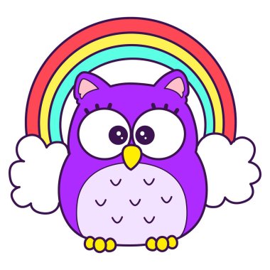 Menekşe baykuşunun günlük aktiviteleri. Günlük yaşamda sevimli baykuşun duygusallığı. Sevimli baykuşların boyama sayfaları. Gökkuşağının önünde baykuş