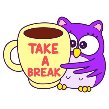 Menekşe baykuşunun günlük aktiviteleri. Günlük yaşamda sevimli baykuşun duygusallığı. Sevimli baykuşların boyama sayfaları. Baykuş, mola mesajlı bir fincan getir.