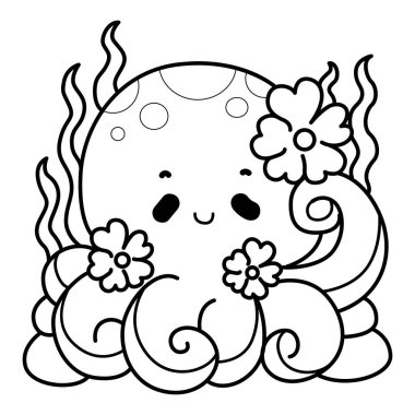 Şirin Kawaii Mutlu Ahtapot Vektör Simgesi seti. Balık ve gemiyle bebek ahtapot. Rüya gibi ve okyanusta yüzen sevimli denizanaları. Sevimli ahtapotların boyama sayfaları. Çiçekli ve yosunlu denizanasının ana hatları