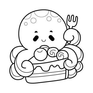 Şirin Kawaii Mutlu Ahtapot Vektör Simgesi seti. Balık ve gemiyle bebek ahtapot. Rüya gibi ve okyanusta yüzen sevimli denizanaları. Sevimli ahtapotların boyama sayfaları. Denizanasının ana hatları çilekli pasta yemek istiyor.