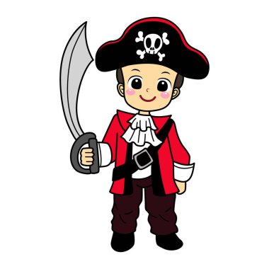 Cadılar Bayramı partisinde çocuk kostümü boyama sayfaları. Korsanları ve kılıcı olan tatlı bir çocuk.