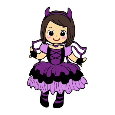 Cadılar Bayramı partisinde çocuk kostümü boyama sayfaları. Mor melek kostümlü tatlı kız.