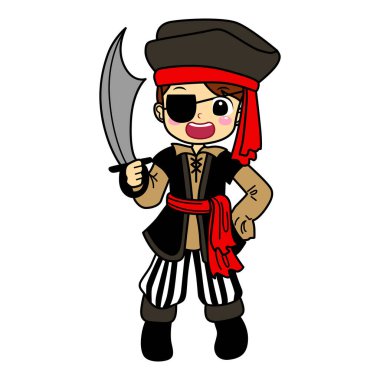 Cadılar Bayramı partisinde çocuk kostümü boyama sayfaları. Korsan kostümlü yakışıklı çocuk.