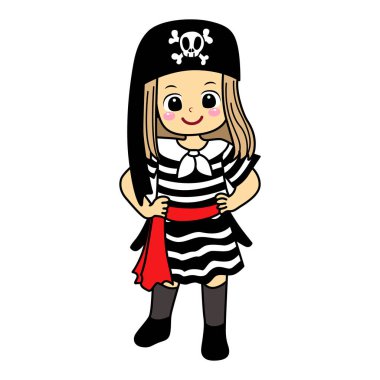 Cadılar Bayramı partisinde çocuk kostümü boyama sayfaları. Denizci kostümlü kız.