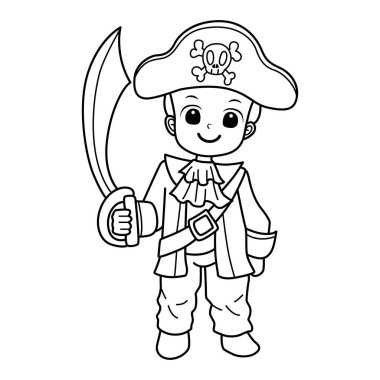 Cadılar Bayramı partisinde çocuk kostümü boyama sayfaları. Korsan kostümlü çocuk.