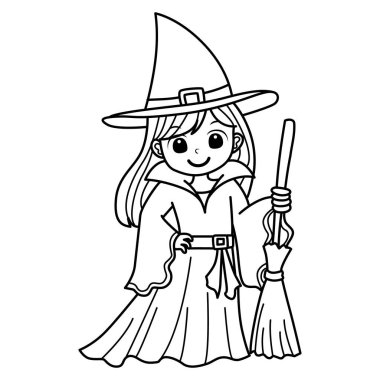 Cadılar Bayramı partisinde çocuk kostümü boyama sayfaları. Cadı Kraliçe kostümlü kız