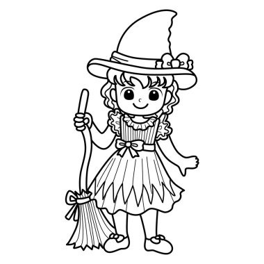 Cadılar Bayramı partisinde çocuk kostümü boyama sayfaları. Cadı kostümü ve süpürge sopası olan kız.