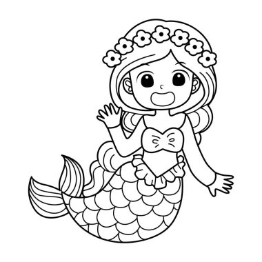 Cadılar Bayramı partisinde çocuk kostümü boyama sayfaları. Denizkızı gibi hatları olan bir kız.