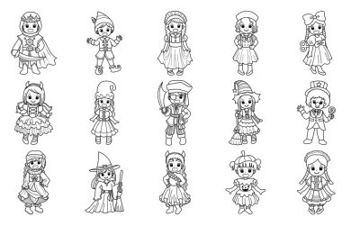 Cadılar Bayramı partisinde çocuk kostümü boyama sayfaları. Cadılar bayramı için şirin bir kostüm giyen korsanların ana hatları