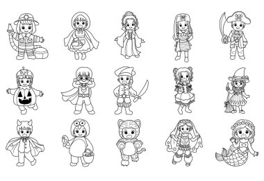 Cadılar Bayramı partisinde çocuk kostümü boyama sayfaları. Kostüm giyen sevimli çocukların ana hatları.