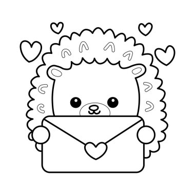 Japon günlük kawaii şirin kirpi çizimleri. Komik kirpi kırpma sanatının kalbi. Şirin kirpilerin boyama sayfaları. Kirpinin taslağı Aşk mektubu getir