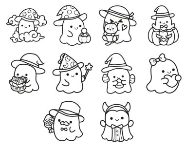 Sevimli beyaz hayalet ikonu. Aktivite etiketlerindeki komik beyaz hayalet. Sevimli hayaletin boyama sayfaları.