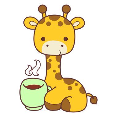 Zürafa Yavrusu 'ndan İzole Edilmiş Vektör Stok Resimleri. Çeşitli aktiviteleri olan şirin zürafa hayvanları. Zürafa Çocukları' nın komik çıkartması. Zürafa çayının tadını çıkarıyor.