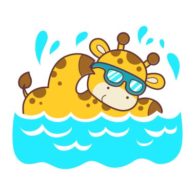 Bebek Zürafa 'dan İzole Edilmiş Vektör Stok Resimleri. Çeşitli aktiviteleri olan şirin zürafa hayvanları. Havuzda yüzen zürafa çocuk etiketi.