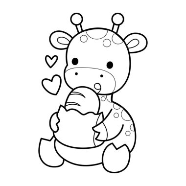 Bebek Zürafa 'dan İzole Edilmiş Vektör Stok Resimleri. Çeşitli aktiviteleri olan şirin zürafa hayvanları. Zürafa hayvanlarının komik çıkartması. Ekmek yiyen zürafa taslağı.