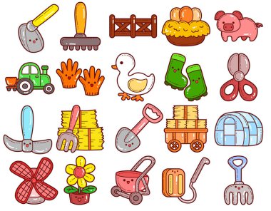 Çiftlik ekipmanı ikonu seti. Şirin çiftlik elementleri. Bahçe aletleri illüstrasyonları.