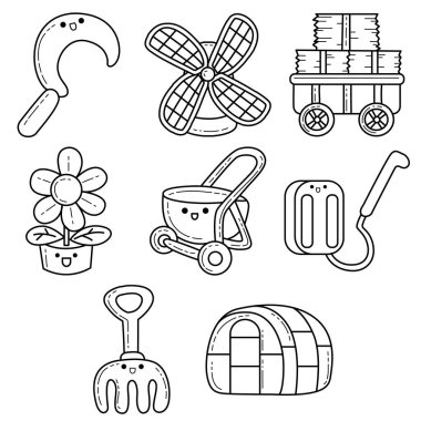 Çiftlik ekipmanı ikonu seti. Şirin çiftlik elementleri. Bahçe aletleri illüstrasyonları.