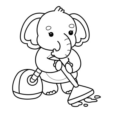 Komik Bebek Fil 'in boyama sayfaları. Yerleri elektrikli süpürgeyle temizleyen bir fil çizgisi.