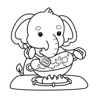 Komik Bebek Fil 'in boyama sayfaları. Kızarmış pirinç pişiren filin ana hatları.