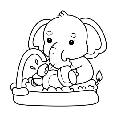 Komik Bebek Fil 'in boyama sayfaları. Lavaboda tabak yıkayan bir fil çizgisi.