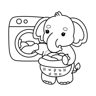 Komik Bebek Fil 'in boyama sayfaları. Çamaşır makinesinde çamaşır yıkayan bir filin taslağı.