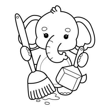 Komik Bebek Fil 'in boyama sayfaları. Fil taslağı bir süpürge ve toz bezi getir.