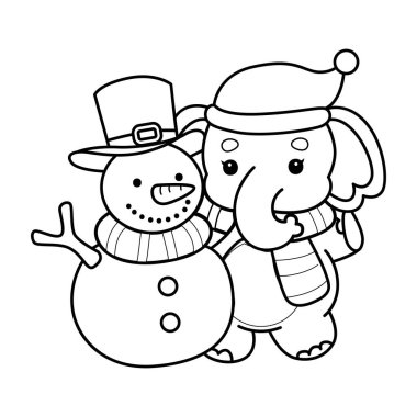 Komik Bebek Fil 'in boyama sayfaları. Kardan adamla Noel Baba filinin taslağı.