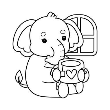 Komik Bebek Fil 'in boyama sayfaları. Fil ana hatlarıyla sıcak çayın tadını çıkar.