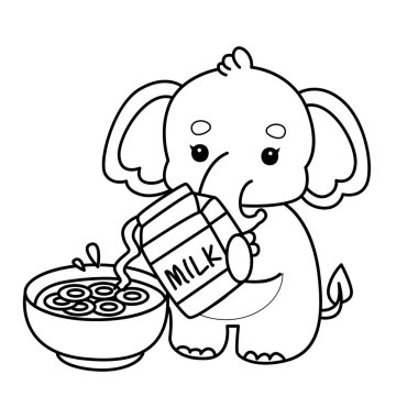 Komik Bebek Fil 'in boyama sayfaları. Mısır gevreği kasesine süt döken filin ana hatları.