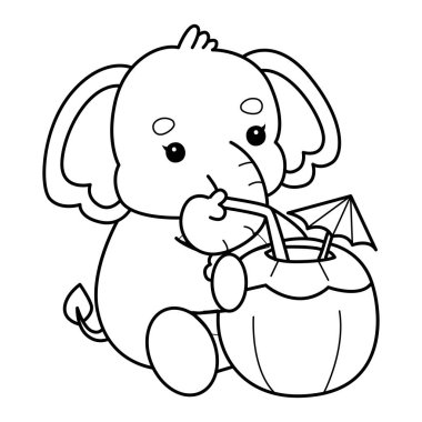 Komik Bebek Fil 'in boyama sayfaları. Taze hindistan cevizi içen bir filin taslağı.