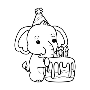 Komik Bebek Fil 'in boyama sayfaları. Fil taslağı, doğum günü pastası getir.