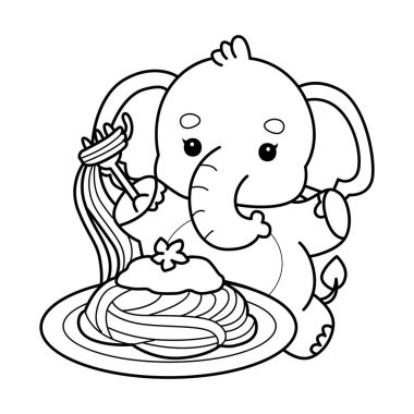 Komik Bebek Fil 'in boyama sayfaları. Filin ana hatları spagetti yemek istiyor.