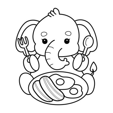 Komik Bebek Fil 'in boyama sayfaları. Filin dış hatları domuz pastırması ve yumurta yemek istiyor.