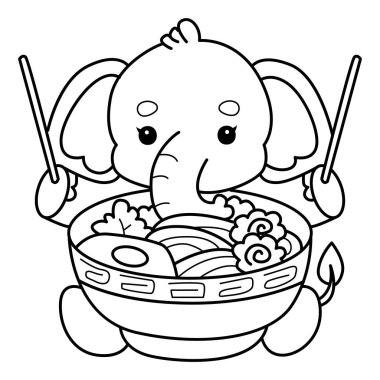 Komik Bebek Fil 'in boyama sayfaları. Filin ana hatları ramen yemek istiyor.