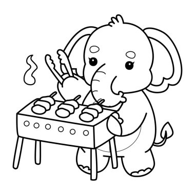 Komik Bebek Fil 'in boyama sayfaları. Filin ana hatları barbeküyü kızarttı.