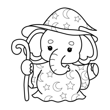 Komik Bebek Fil 'in boyama sayfaları. Cadı kostümü giymiş fil çizgisi.