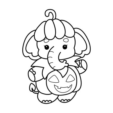 Komik Bebek Fil 'in boyama sayfaları. Balkabağı kostümü giymiş bir fil çizgisi