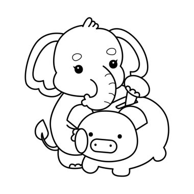 Komik Bebek Fil 'in boyama sayfaları. Domuz kumbarasındaki fil tasarruf parasının taslağı.