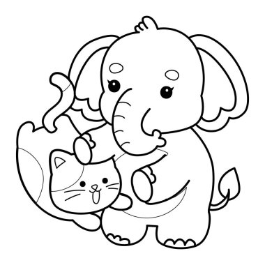 Komik Bebek Fil 'in boyama sayfaları. Yavru kediyle oynayan fil taslağı