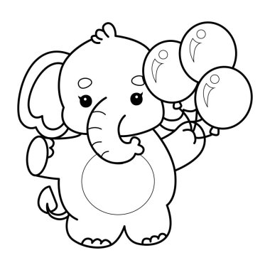 Komik Bebek Fil 'in boyama sayfaları. Fil ana hatlarıyla üç balon getir.