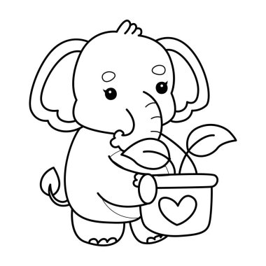 Komik Bebek Fil 'in boyama sayfaları. Fil taslağı çömleğe bir yaprak getirir.