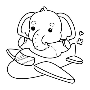 Komik Bebek Fil 'in boyama sayfaları. Uçağa binen filin taslağı.