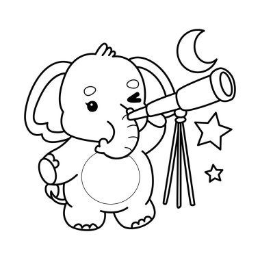 Komik Bebek Fil 'in boyama sayfaları. Filin ana hatları Ay 'ı teleskopla görüyor