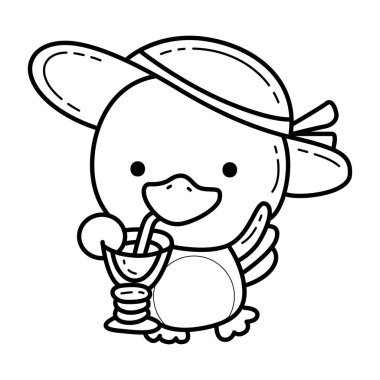 Komik Bebek Ördek hayvan serisinin boyama sayfaları. Portakal suyu içen ördeğin taslağı