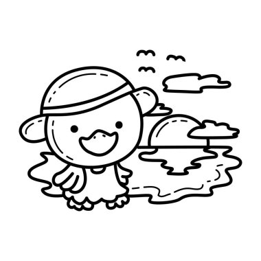 Komik Bebek Ördek hayvan serisinin boyama sayfaları. Gün batımındaki ördek çizgisi