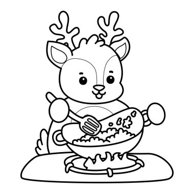 Sevimli keçi hayvan simgesi çıkartmalarının renkli sayfaları. Keçi çizgisi pilavı kızarttı.