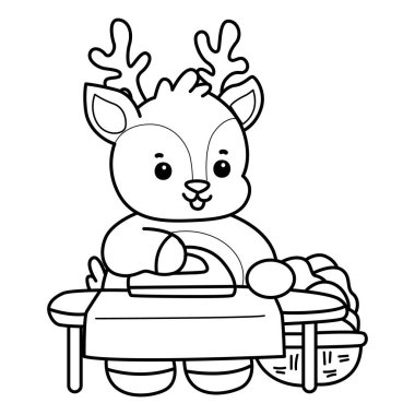 Sevimli keçi hayvan simgesi çıkartmalarının renkli sayfaları. Elbiseleri ütüleyen keçi taslağı.